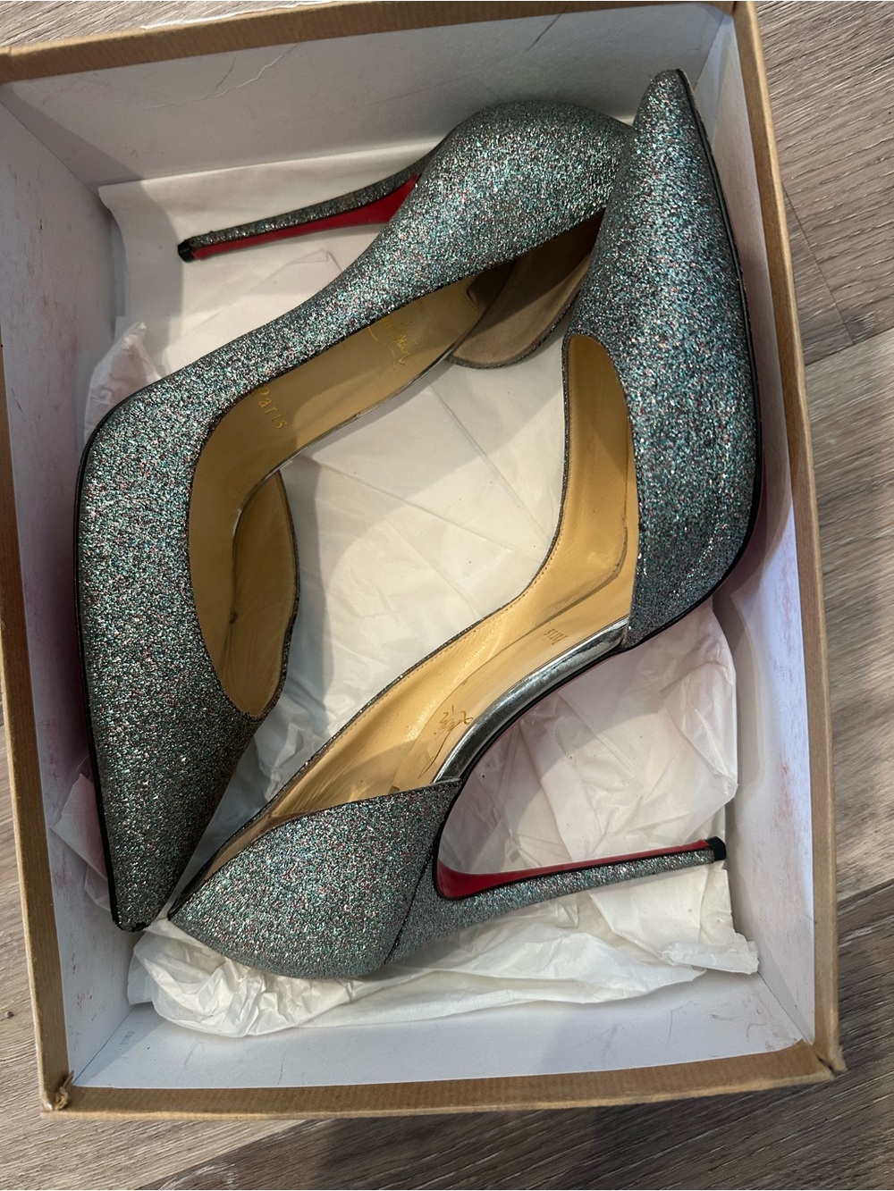 Christian Louboutin Glitter Pointed D'Orsay Stiletto Pumps - Silver/Teal